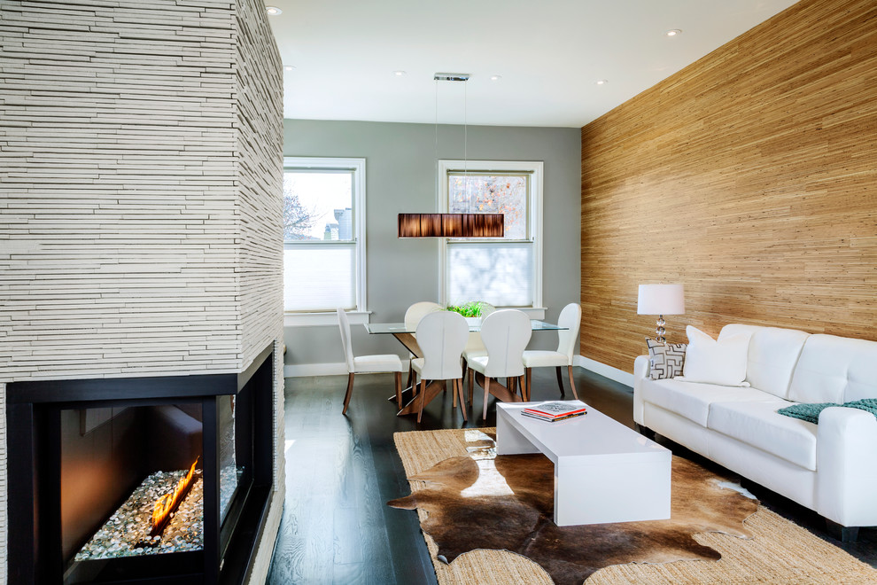 Small contemporary formal open concept living room in San Francisco with grey walls, dark hardwood floors, a ribbon fireplace, a tile fireplace surround and a built-in media wall.