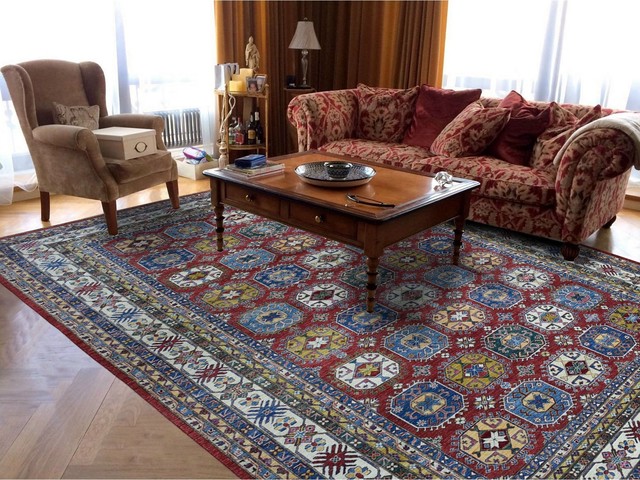 Red Super Kazak Pure Wool Geometric Design Handknotted Oriental