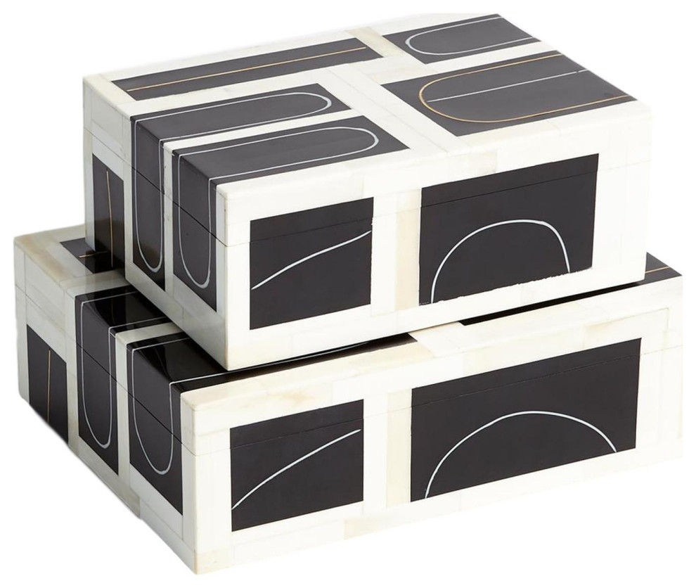2Piece Mid Century Modern Decorative Box Set, Black/White Gold Inlaid