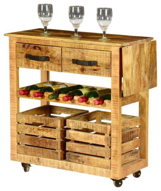 Modern Farmhouse Solid Wood Rolling Wine Bar Cart 