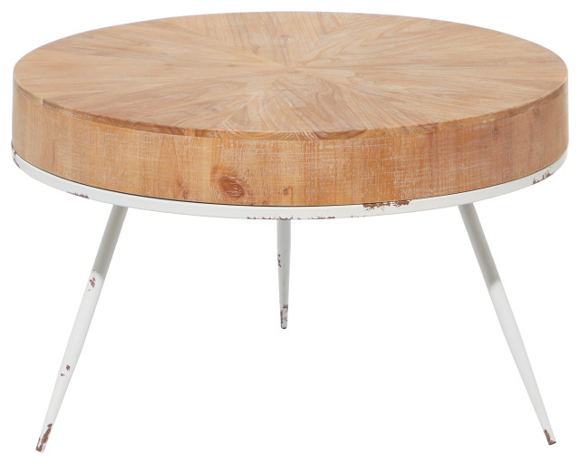 Round Natural Wood Top Coffee Table With Distressed White Metal Base