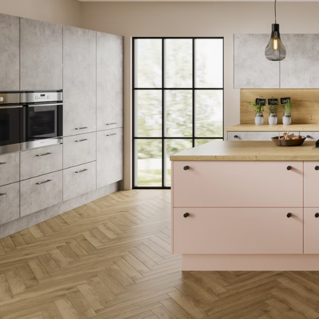 Nola slab kitchen in soft neutral tones with a sleek textured finish. Elegant simplicity for Leicester and Loughborough homes.