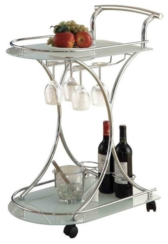 Bowery Hill Glass Top Bar Cart in Chrome and White Contemporary Bar Carts by Homesquare