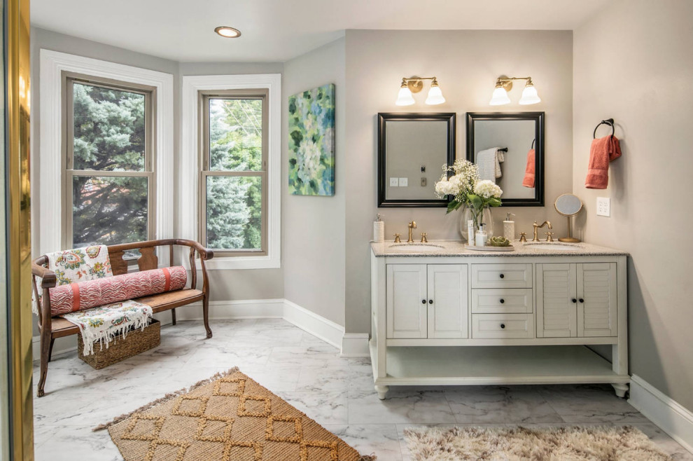 Expansive traditional master bathroom in Other with furniture-like cabinets, grey cabinets, a corner shower, laminate floors, an undermount sink, grey floor, a hinged shower door, grey benchtops, a niche, a double vanity and a freestanding vanity.