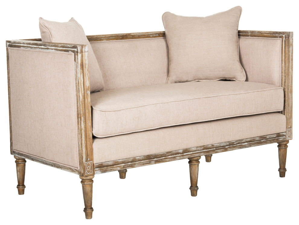 Safavieh Leandra Linen French Country Settee, Taupe/Rustic Oak Wood