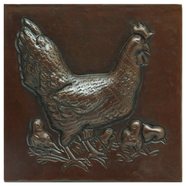 Hen with Chicks Design Hammered Copper Tile, 10"x10"