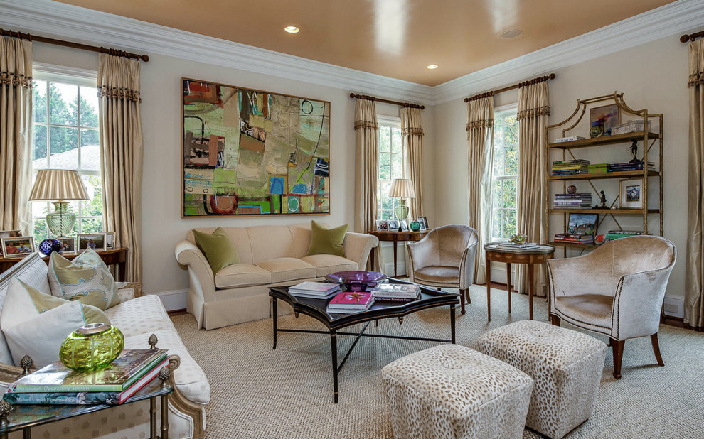Inspiration for a traditional living room in Charlotte with beige walls.