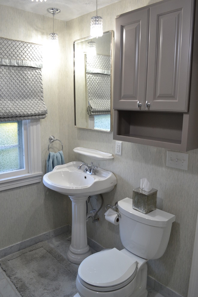 Design ideas for a small traditional master bathroom in Boston with furniture-like cabinets, grey cabinets, an open shower, a two-piece toilet, white tile, stone tile, white walls, marble floors, a pedestal sink and engineered quartz benchtops.