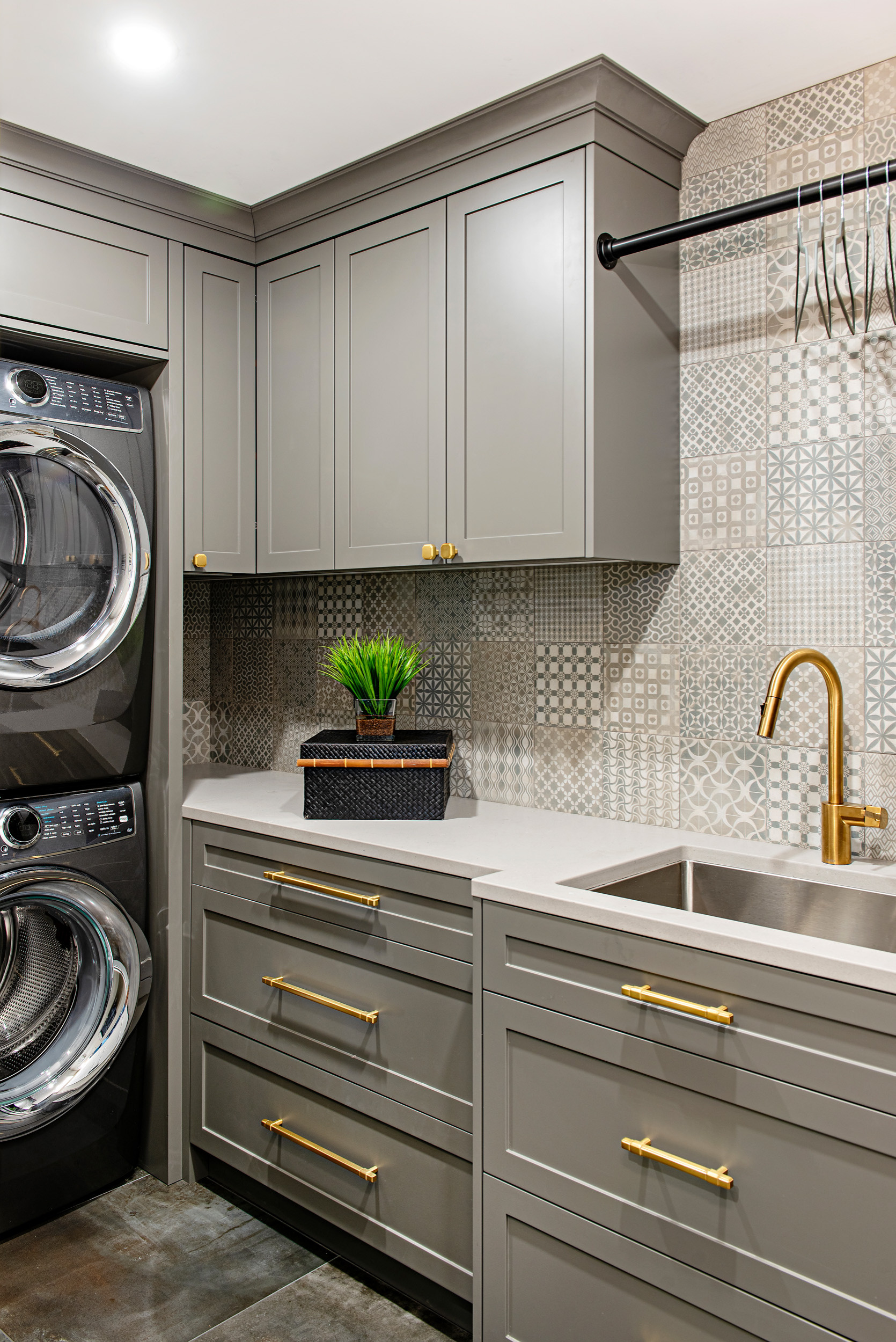 Farmhouse Sink with Gray Laundry Room Cabinets - Transitional - Laundry Room
