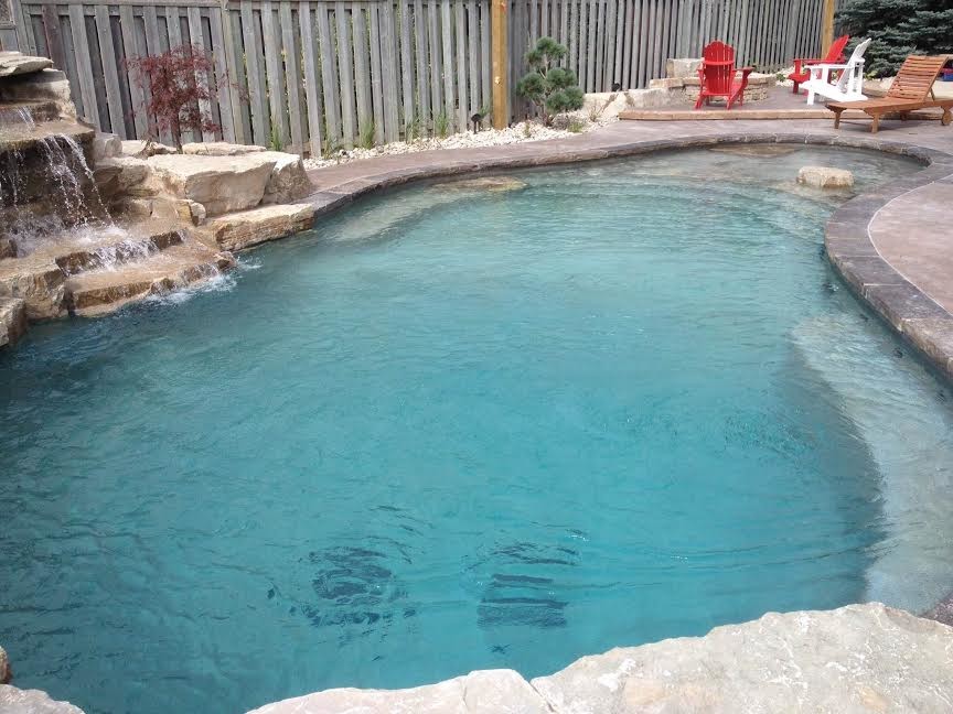 Inspiration for a mid-sized transitional backyard stamped concrete and custom-shaped natural pool fountain remodel in Toronto