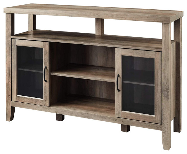 Farmhouse Sideboard, MDF Construction With 2 Glass Doors & Open Shelves