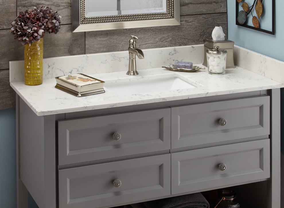 Inspiration for a mid-sized transitional 3/4 bathroom in Atlanta with recessed-panel cabinets, grey cabinets, gray tile, porcelain tile, blue walls, an undermount sink and engineered quartz benchtops.