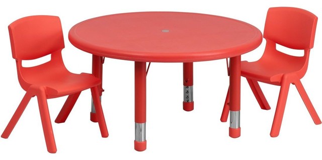 33'' Adjustable Red Plastic Activity Table Set with 2 School Stack Chairs