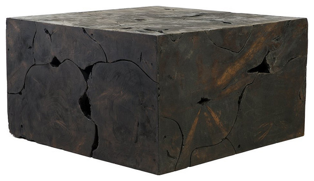 Teak Wood Burnt Coffee Table Black, Reclaimed Wood Cube Coffee Table
