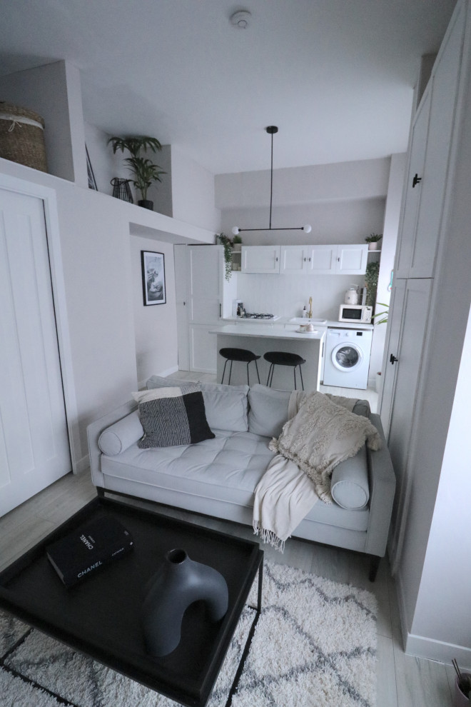 Small contemporary open plan living room in Edinburgh with beige walls, vinyl flooring and beige floors.