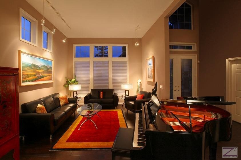 Mid-sized contemporary open concept living room in Charleston with a music area, brown walls and dark hardwood floors.