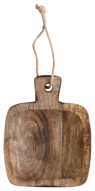 9" Hand-Carved Mango Wood Serving Board, Handle, Jute Tie, Burnt Finish
