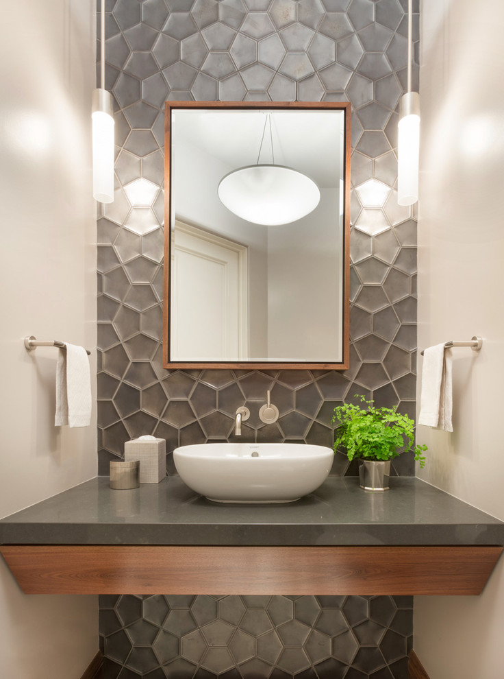 Inspiration for a contemporary powder room in San Francisco with gray tile, white walls, a vessel sink and grey benchtops.