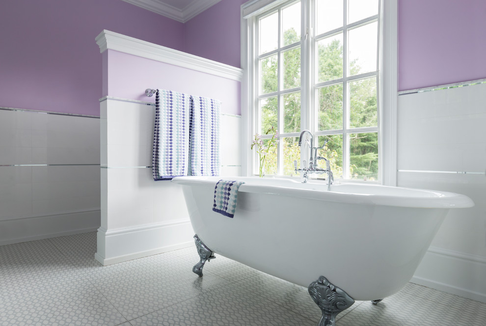 Example of a mid-sized transitional kids' white tile and marble tile mosaic tile floor and white floor bathroom design in New York with white cabinets, a two-piece toilet, pink walls, an undermount sink, marble countertops and a hinged shower door
