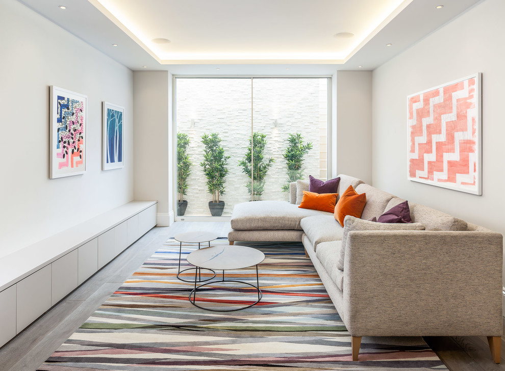 Inspiration for a contemporary look-out basement in London with grey walls.
