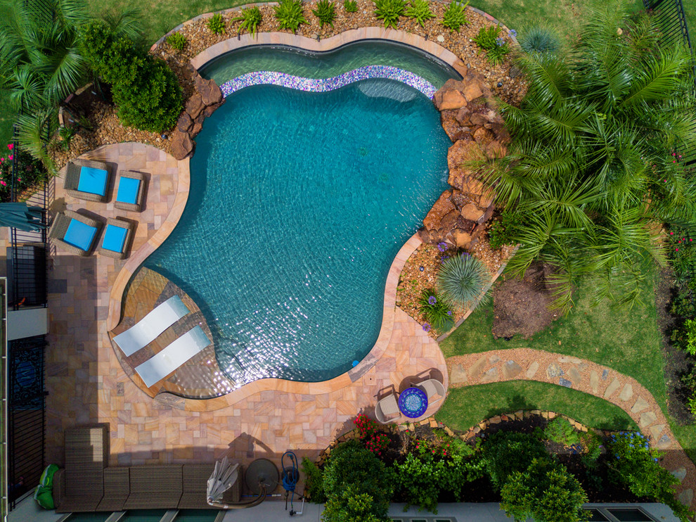 Backyard custom-shaped pool in Houston.