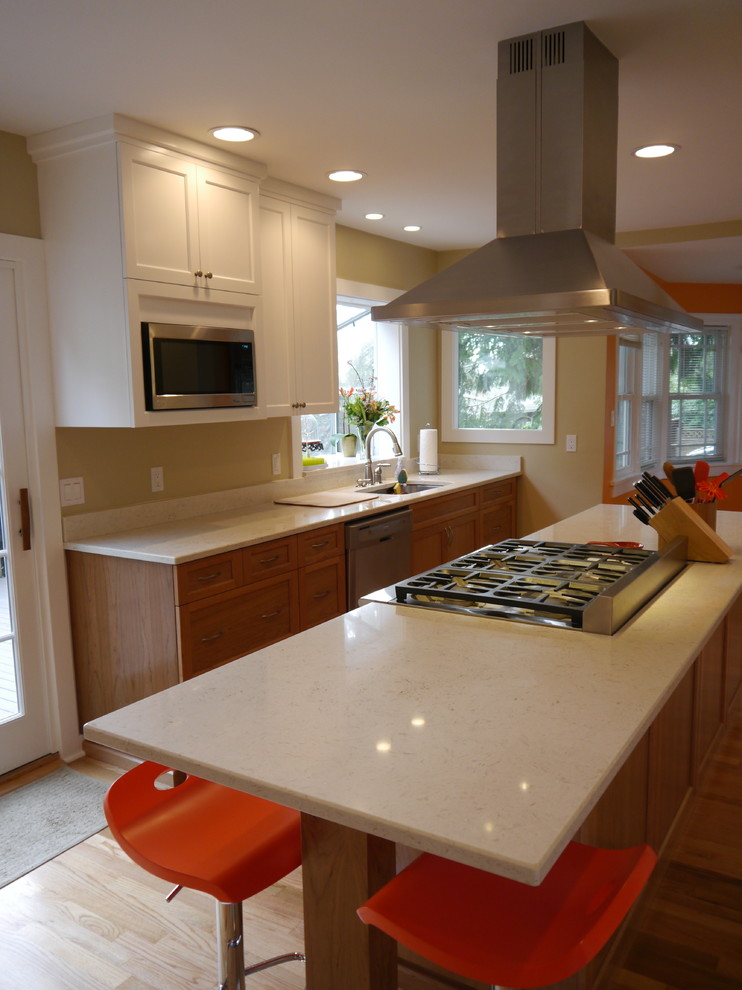 Transitional kitchen photo in Seattle with an undermount sink, shaker cabinets, quartzite countertops, stainless steel appliances and an island