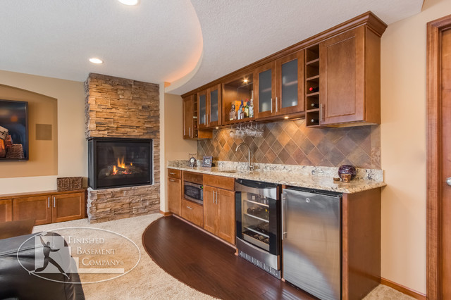 Basement Walk Up Bar And Fireplace Traditional Basement Minneapolis