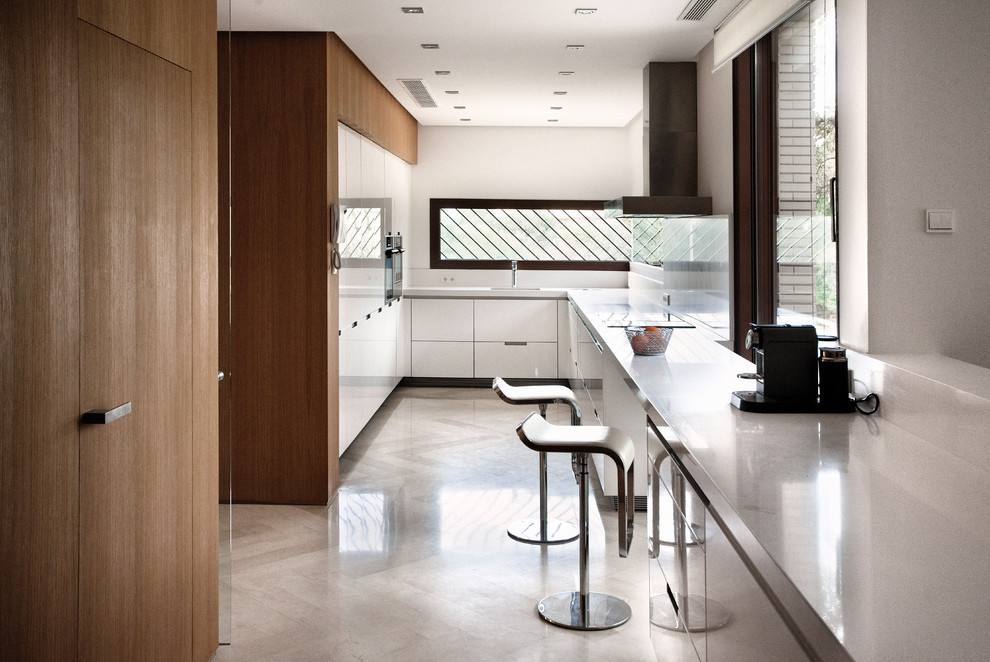 Photo of a mid-sized modern separate kitchen in Madrid with flat-panel cabinets, stainless steel cabinets, stainless steel appliances, light hardwood floors and no island.