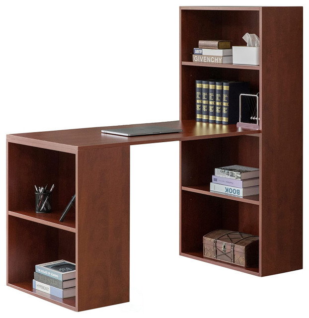 Modern Desk, Rectangular Top With Integrated Bookcase & 2 Shelves