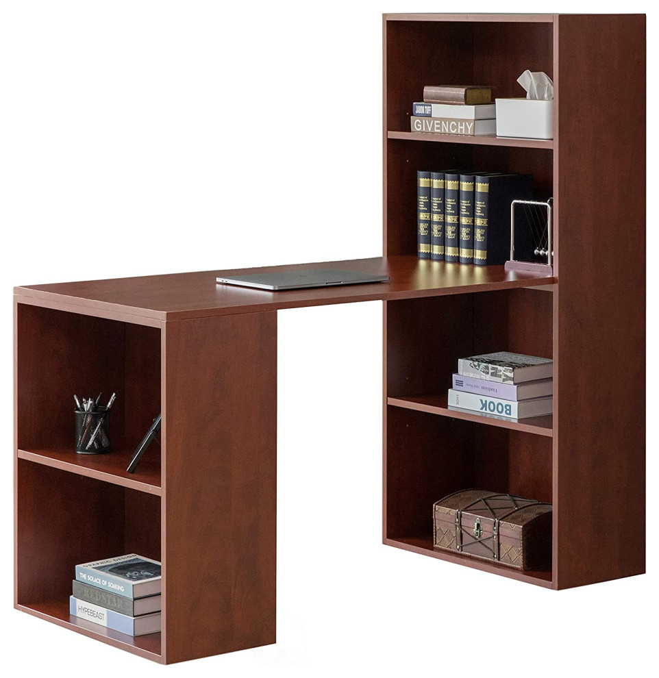 Modern Desk, Rectangular Top With Integrated Bookcase & 2 Shelves Transitional Desks And