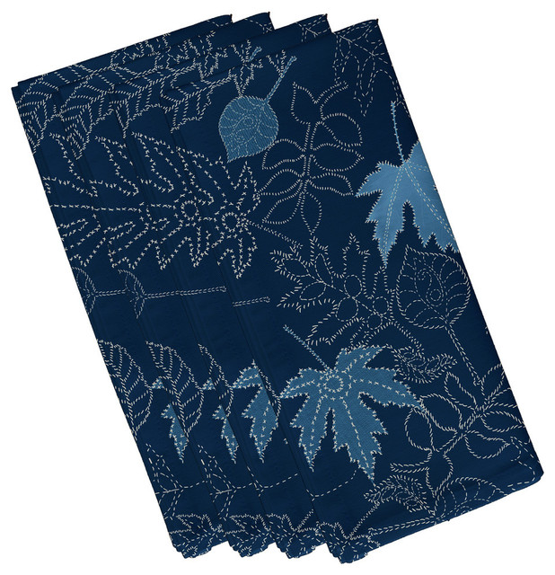 Dotted Leaves Floral Print Napkin, Set of 4, Blue