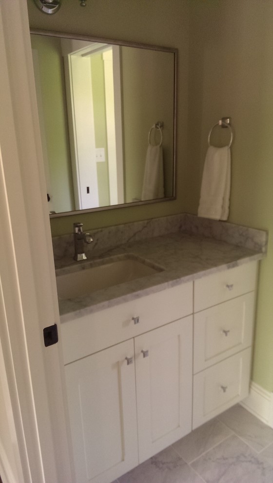 Small elegant kids' bathroom photo in Other with flat-panel cabinets, quartzite countertops and white cabinets