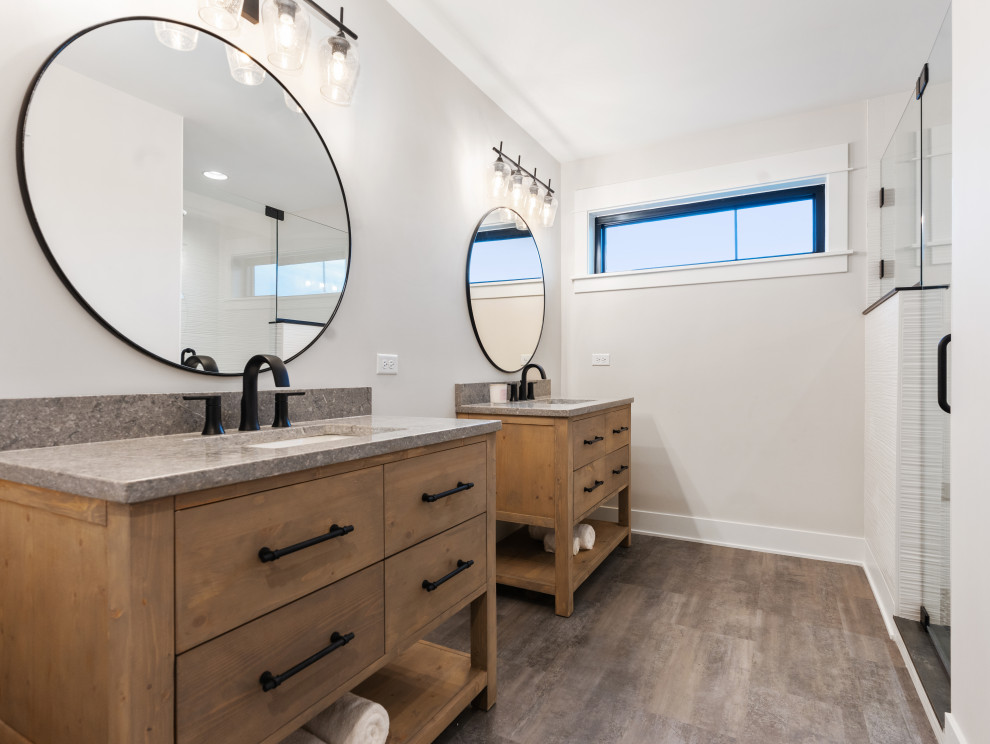 Inspiration for a coastal porcelain tile vinyl floor and single-sink bathroom remodel in Chicago with furniture-like cabinets, a two-piece toilet, quartz countertops, a hinged shower door, a freestanding vanity and an undermount sink