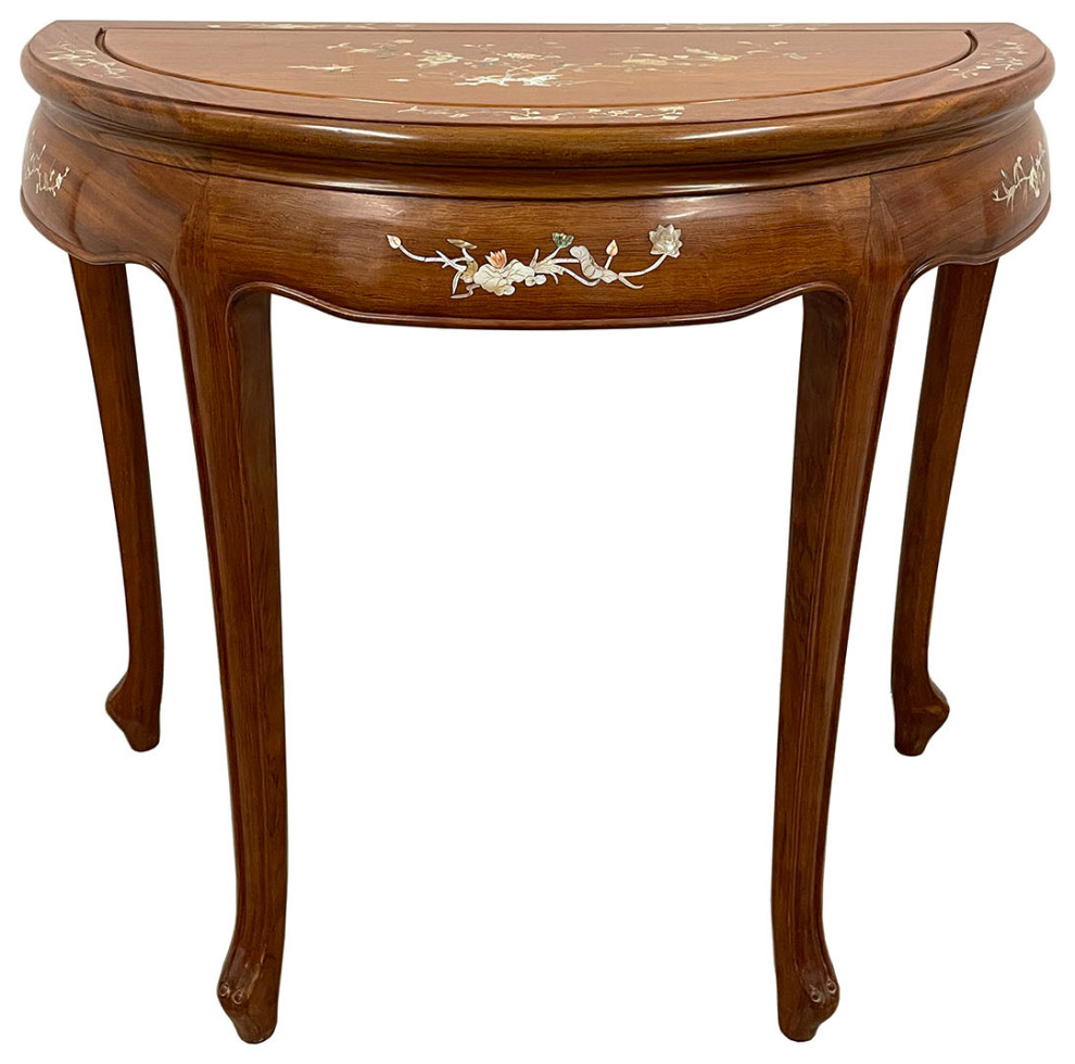 Consigned 20th Century Chinese Rosewood Half Moon Table w/Mother of