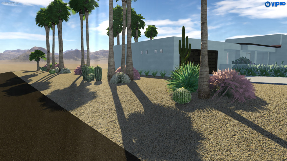 Large and desert look transitional front yard full sun xeriscape in Phoenix with concrete pavers for spring.