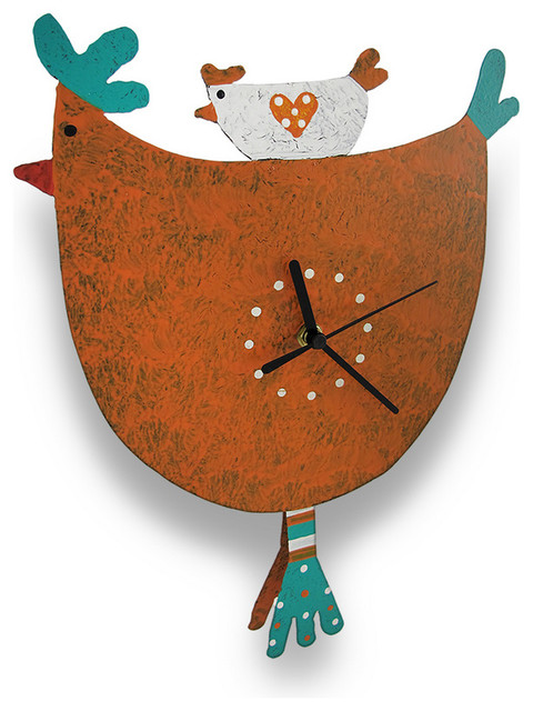 Whimsical Hen and Baby Chick Pendulum Wall Clock Metal Art