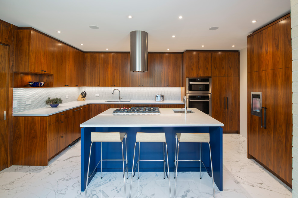Design ideas for a large midcentury l-shaped separate kitchen in Other with a double-bowl sink, flat-panel cabinets, medium wood cabinets, quartz benchtops, white splashback, mosaic tile splashback, stainless steel appliances, marble floors, with island, white floor and white benchtop.