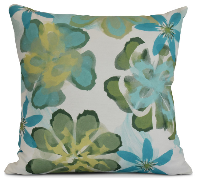 16x16" Floral Outdoor Pillow, Blue Contemporary Outdoor Cushions
