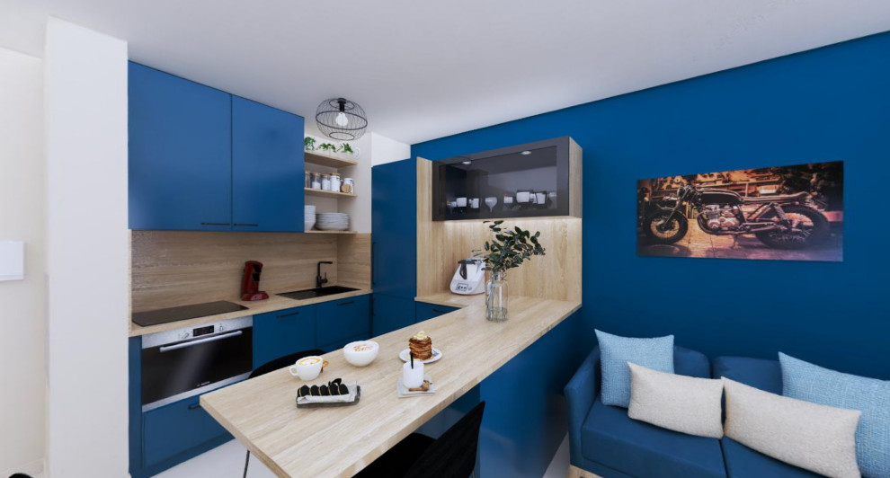 Photo of a medium sized contemporary u-shaped kitchen/diner in Marseille with a submerged sink, beaded cabinets, blue cabinets, wood worktops, wood splashback and an island.