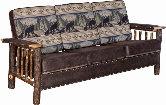 Rustic Hickory Log Sofa With Leather Arms Sofas By Rustic Hickory Log Sofa With Leather