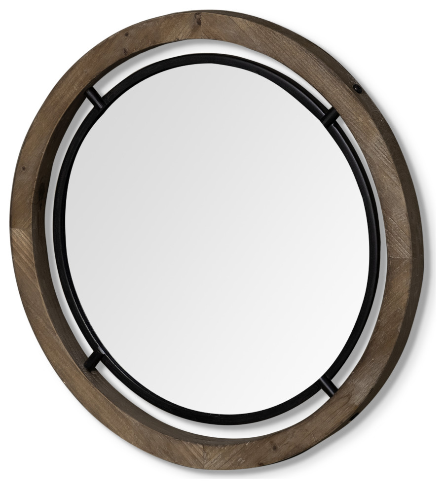 HomeRoots 28" Brown Wood and Black Metal Frame Wall Mirror, 28.0L x 1