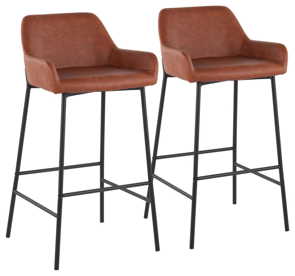 Daniella FixedHeight Bar Stool, Set of 2, Black Metal/Camel PU Midcentury Bar Stools And