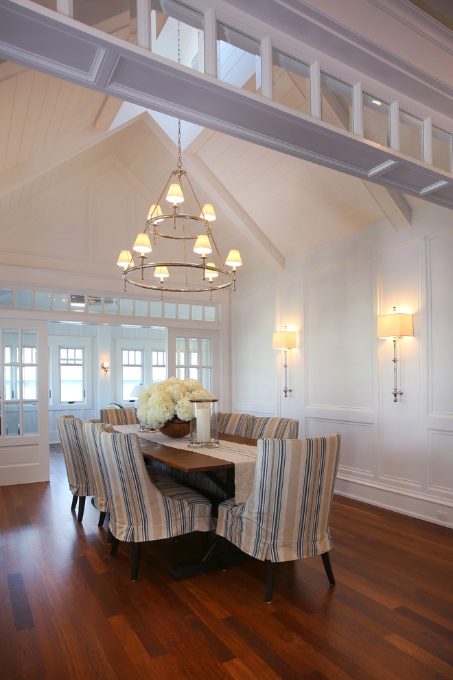 Design ideas for a beach style dining room in Philadelphia with white walls, medium hardwood floors and brown floor.