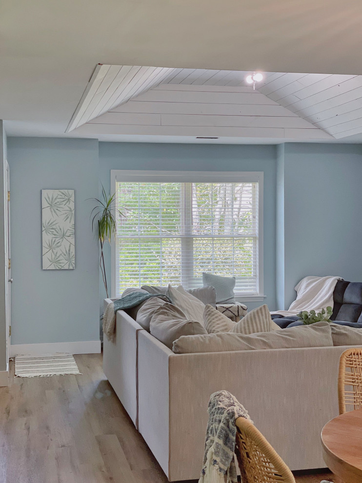 Example of a small beach style vinyl floor, brown floor and shiplap ceiling living room design in Wilmington with blue walls