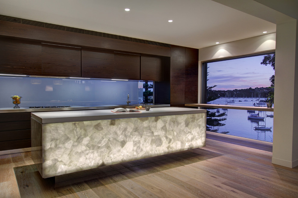 Inspiration for a large modern galley kitchen in Sydney with an undermount sink, flat-panel cabinets, dark wood cabinets, quartz benchtops, glass sheet splashback, stainless steel appliances, medium hardwood floors and with island.