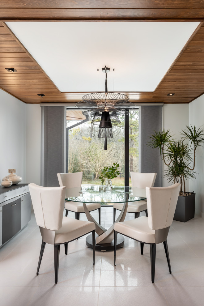 Design ideas for a mid-sized contemporary open plan dining in Other with white walls, ceramic floors, white floor and wood.