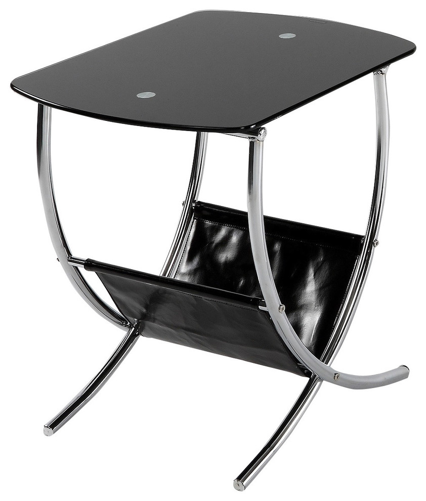 Chrome/ Black Glass End Table with Magazine Holder