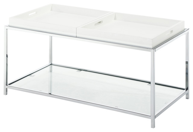 Convenience Concepts Palm Beach Clear Glass Coffee Table With White Trays