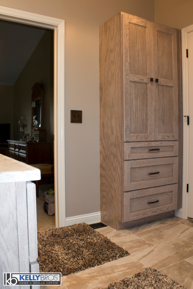 Bathroom - transitional master ceramic tile bathroom idea in Cincinnati with an integrated sink, shaker cabinets, gray cabinets and gray walls