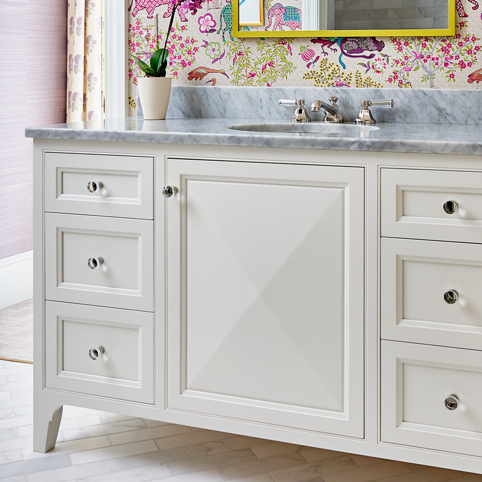This is an example of a small transitional bathroom in Other with beaded inset cabinets, white cabinets, marble floors, an undermount sink, marble benchtops and white floor.
